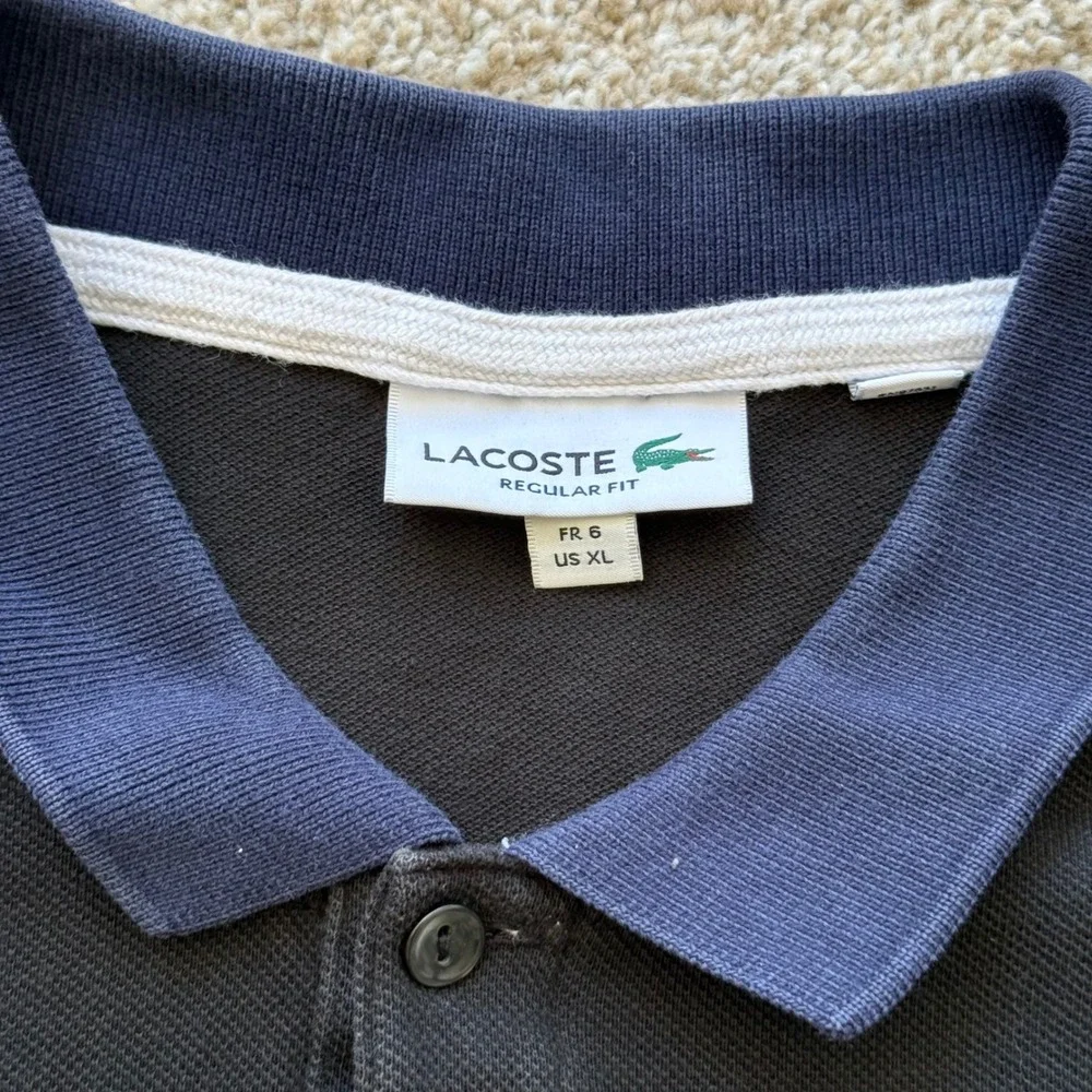 Lacoste Polo Shirt Men XL Black Blue Regular Fit Contrast Collar Big Croc Logo
